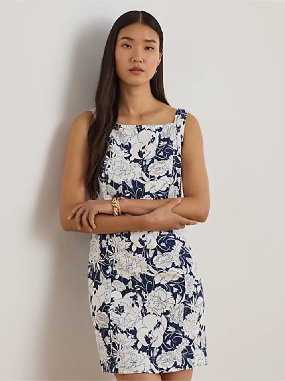 NWT Lauren Ralph Lauren Linen Floral Shift Dress Blue White Size 16